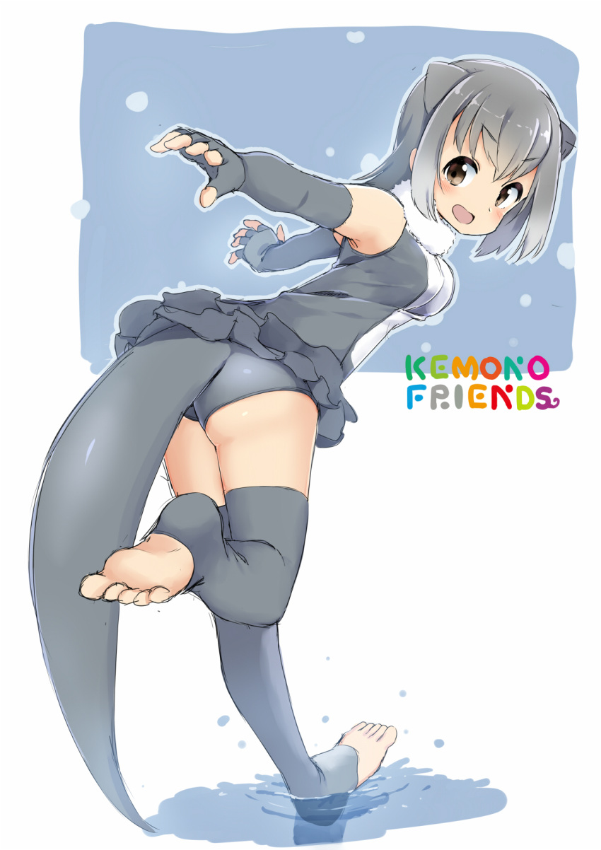 1girl animal_ears ass barefoot bent_over blush breasts brown_eyes commentary_request copyright_name elbow_gloves feet fingerless_gloves frilled_swimsuit frills from_behind full_body fur_collar gloves gradient_hair grey_hair highres kemono_friends leg_up looking_at_viewer looking_back medium_breasts multicolored_hair one-piece_swimsuit open_mouth otter_ears otter_tail outstretched_arms revision running sekira_ame short_hair small-clawed_otter_(kemono_friends) solo standing standing_on_one_leg swimsuit tail thigh-highs toeless_legwear two-tone_background two-tone_hair water white_hair
