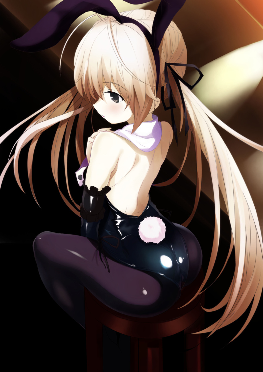 1girl absurdres animal_ears ass back bangs bare_shoulders black_background black_gloves black_ribbon blonde_hair brown_eyes bunnysuit commentary elbow_gloves fake_animal_ears from_behind gloves hair_ribbon highres kasugano_sora long_hair looking_to_the_side pantyhose parted_lips rabbit_ears ribbon shimeji_nameko shiny shiny_clothes shoulder_blades sitting solo stool twintails yosuga_no_sora