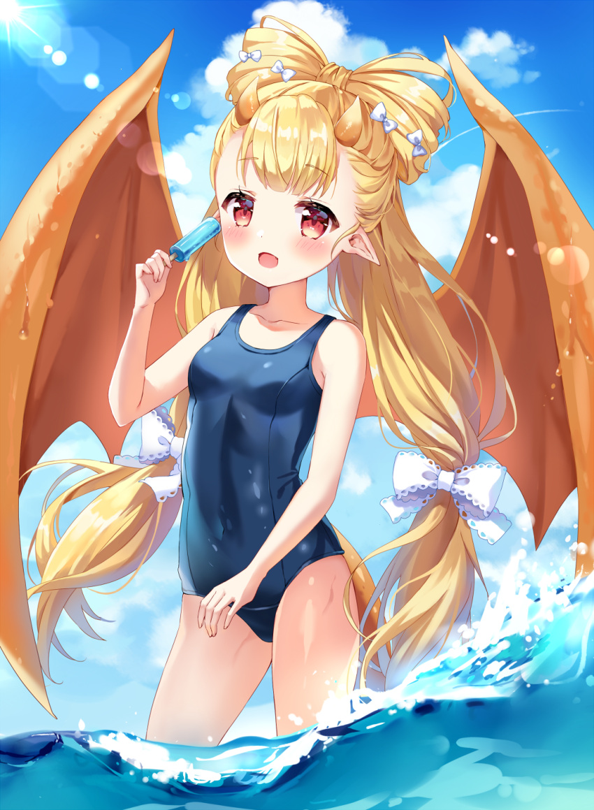 1girl blush breasts character_request dragon dragon_girl dragon_horns dragon_wings eyebrows_visible_through_hair highres horns long_hair looking_at_viewer mayo_(miyusa) ocean one-piece_swimsuit open_mouth pointy_ears red_eyes sky small_breasts smile solo swimsuit unleashed very_long_hair wings