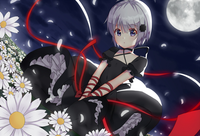 1girl blue_eyes breasts covered_navel field flower flower_field full_moon gothic_lolita hair_ornament highres kagari_(rewrite) lolita_fashion moon parted_lips pekakiu petals red_ribbon rewrite ribbon short_hair short_sleeves silver_hair small_breasts solo white_flower wrist_ribbon