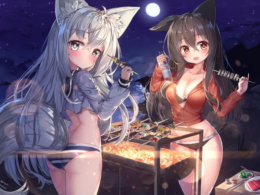 2girls alcohol animal_ears arms_up ass bikini bikini_bottom black_bikini black_hair blush bottle breasts brown_eyes cat_ears cat_tail cleavage clouds cooking crop_top eating food from_behind full_moon grey_eyes hand_on_own_face highres holding jacket long_hair looking_back moon multiple_girls navel night night_sky no_pants ocean open_clothes open_jacket open_mouth original outdoors school_uniform serafuku shirt silver_hair skewer sky smile star_(sky) striped striped_bikini swimsuit tail tandozzing unzipped very_long_hair vodka water wolf_ears wolf_tail