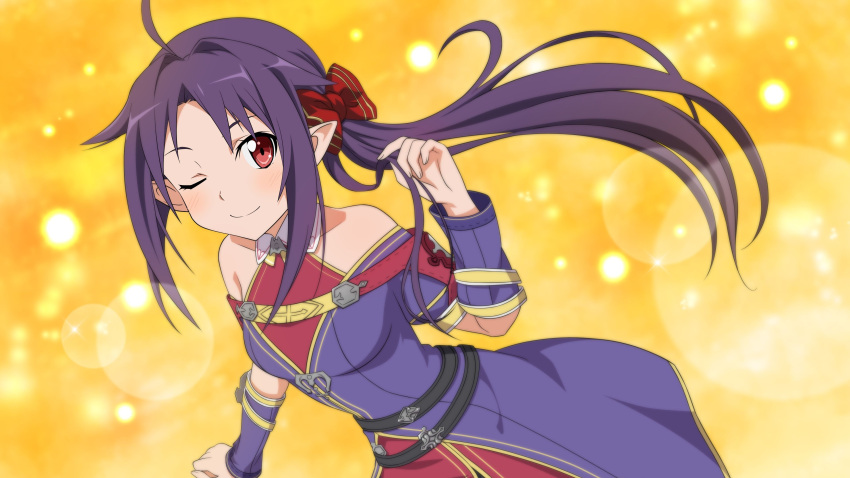 1girl ;) absurdres ahoge bow breasts detached_sleeves dutch_angle floating_hair game_cg hair_bow highres holding holding_hair long_hair looking_at_viewer medium_breasts official_art one_eye_closed pointy_ears purple_hair red_bow red_eyes side_ponytail smile solo standing sword_art_online yuuki_(sao)