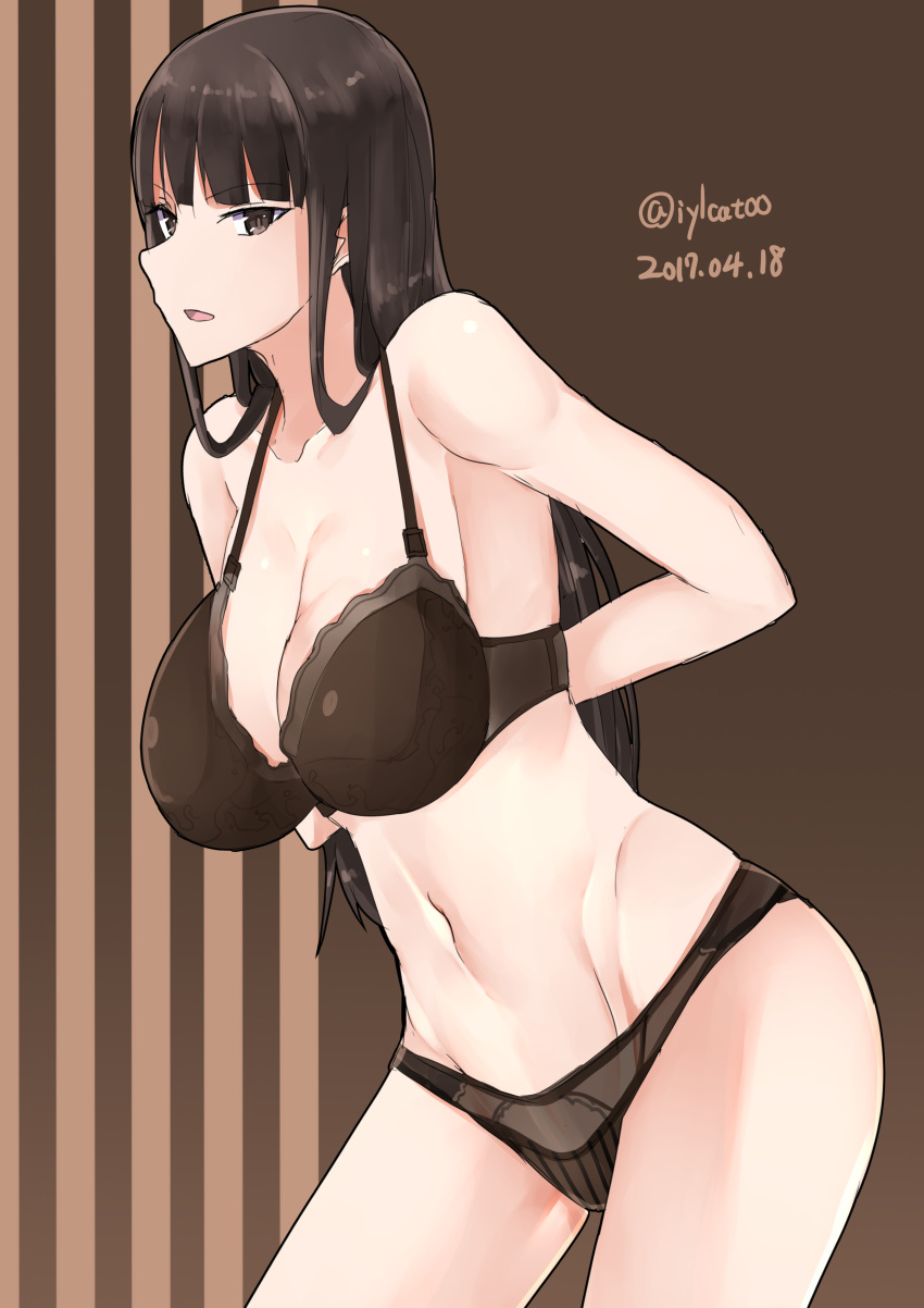 1girl absurdres adjusting_bra adjusting_clothes bangs blunt_bangs bra breasts brown_background brown_eyes brown_hair from_side girls_und_panzer groin highres irukatto large_breasts leaning_forward long_hair looking_at_viewer mature midriff navel nishizumi_shiho parted_lips thighs twitter_username underwear