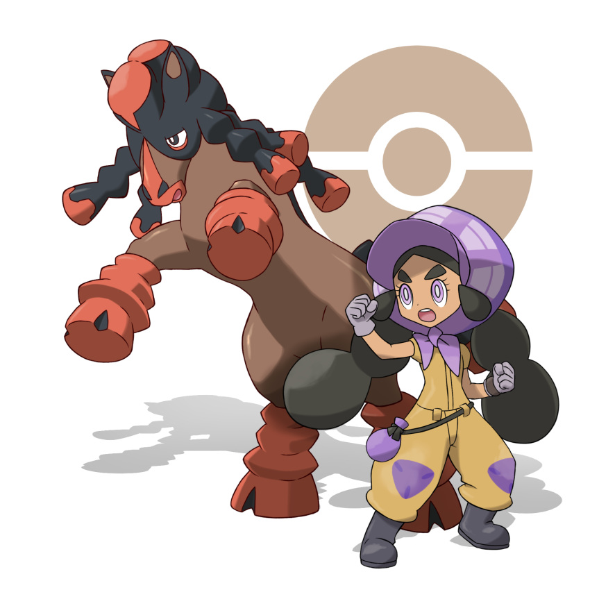 &gt;:o 1girl :o bag belt black_belt black_boots black_hair bonnet boots bright_pupils clenched_hands dark_skin eyelashes flat_chest gloves hapu'u_(pokemon) highres hooves horse island_kahuna jumpsuit long_hair looking_away looking_to_the_side mudsdale official_style open_mouth poke_ball pokemon pokemon_(creature) pokemon_(game) pokemon_sm puffy_short_sleeves puffy_sleeves purple_gloves shadow short_sleeves sidelocks standing tareme teeth teru_zeta thick_eyebrows tongue twintails violet_eyes
