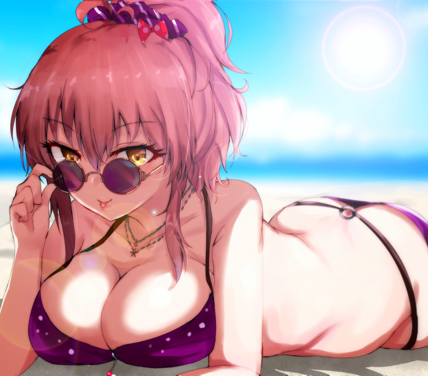 1girl adjusting_glasses ass bangs beach bikini blurry blurry_background blush bow breasts cleavage collarbone commentary_request eyebrows_visible_through_hair eyelashes glasses hair_between_eyes hair_bow hair_ornament hair_scrunchie highres idolmaster idolmaster_cinderella_girls jewelry jougasaki_mika large_breasts long_hair looking_at_viewer lying necklace o-ring_bottom on_stomach outdoors pendant pink_hair polka_dot polka_dot_bow ponytail purple_bikini purple_swimsuit round_glasses ryuu. scrunchie sidelocks solo striped striped_scrunchie sun sunglasses sunlight swimsuit tongue tongue_out waist yellow_eyes