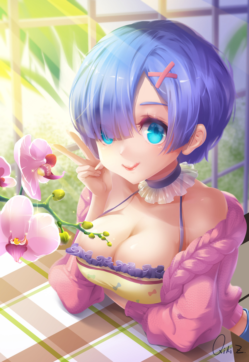 1girl :q absurdres artist_name bare_shoulders blue_hair breasts choker cleavage closed_mouth eyebrows_visible_through_hair flower hair_ornament hair_over_one_eye highres large_breasts off_shoulder plant qiki.z re:zero_kara_hajimeru_isekai_seikatsu rem_(re:zero) short_hair sitting smile solo sparkle sunlight tongue tongue_out v window x_hair_ornament