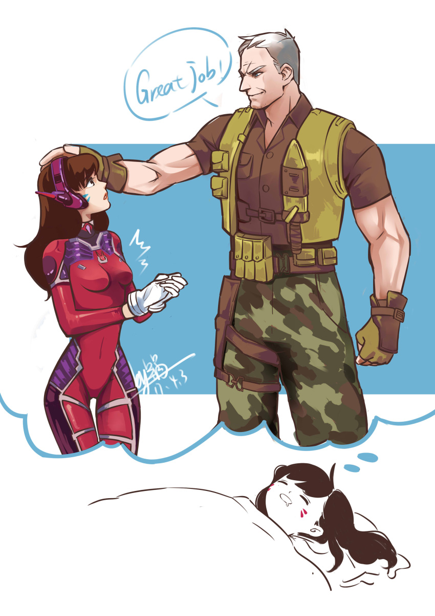 1boy 1girl absurdres age_difference alternate_costume animal_print bangs bed belt_buckle bodysuit breasts brown_eyes brown_hair brown_shirt buckle bunny_print camouflage camouflage_pants collared_shirt commando:_76 commentary_request cowboy_shot d.va_(overwatch) dated dreaming drooling english facepaint facial_mark facial_scar fingerless_gloves gloves grey_hair guo_(199243) headphones high_collar highres holster knife long_hair long_sleeves looking_at_another military muscle overwatch pants parted_lips petting pilot_suit pouch removing_glove ribbed_bodysuit scar sheath sheathed shirt short_hair short_sleeves shoulder_pads skin_tight sleeping small_breasts smile soldier:_76_(overwatch) speech_bubble surprised swept_bangs thigh_gap thought_bubble vest whisker_markings white_gloves