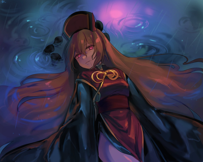 1girl bangs chinese_clothes commentary_request dress glowing glowing_eyes highres junko_(touhou) long_hair long_sleeves looking_at_viewer lying on_back open_mouth orange_hair rain red_eyes ribbon solo tabard tis_(shan0x0shan) touhou water water_drop wet wide_sleeves
