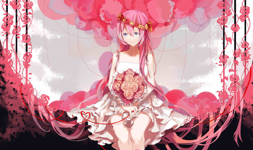 1girl absurdly_long_hair absurdres blue_eyes bouquet bow collarbone crying crying_with_eyes_open dress flower hair_bow head_wreath highres holding holding_bouquet long_hair looking_away megurine_luka pink_hair red_ribbon ribbon short_dress sitting sleeveless sleeveless_dress smile solo sundress tears very_long_hair vocaloid white_dress xiaonuo_(1906803064)