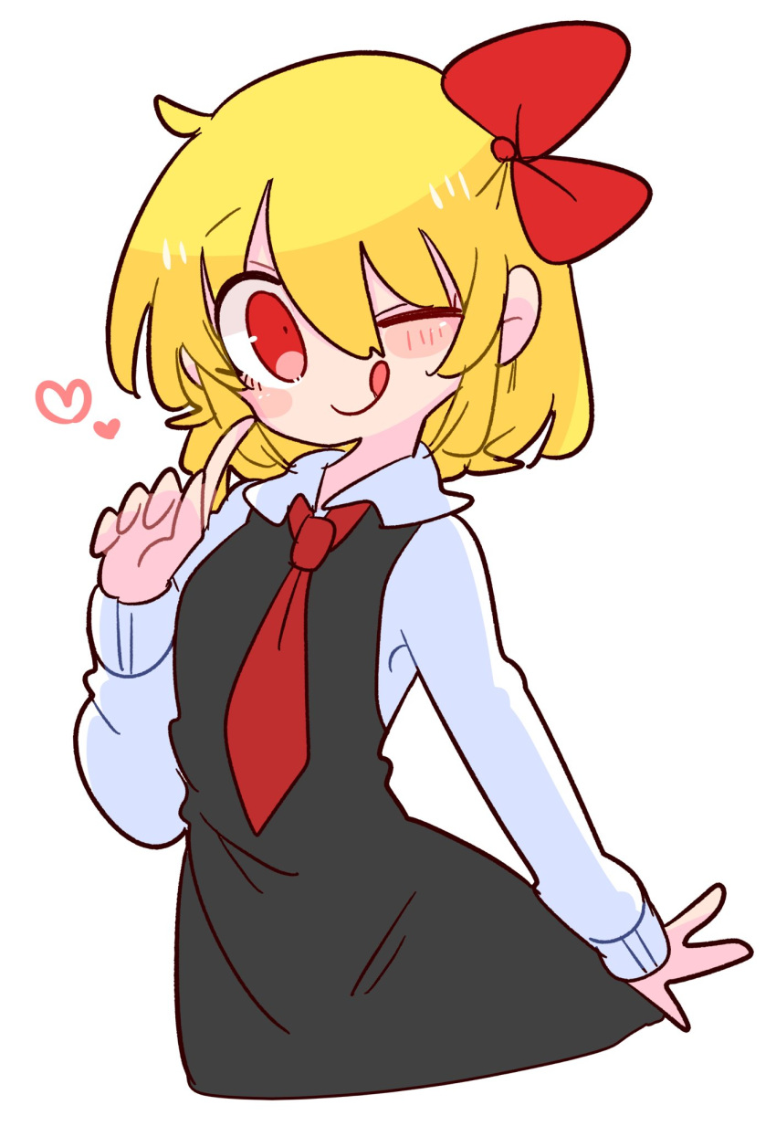 1girl :q black_dress blonde_hair collared_shirt dress hair_ribbon highres long_sleeves necktie one_eye_closed op_na_yarou pinafore_dress pointing pointing_at_self red_eyes red_neckwear red_ribbon ribbon rumia shirt short_hair simple_background solo tongue tongue_out touhou white_background white_shirt