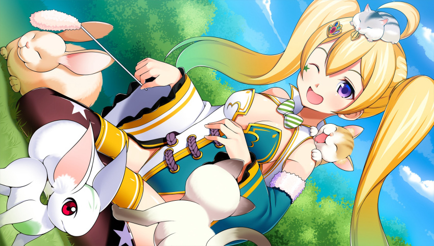 1girl ;d ahoge animal animal_on_head animal_on_shoulder black_legwear blonde_hair blue_sky breasts cat cat_on_shoulder cat_teaser chipmunk cleavage clouds detached_sleeves dutch_angle gradient_hair grass hair_ornament highres long_hair medium_breasts multicolored_hair official_art on_head one_eye_closed open_mouth outdoors pius rabbit red_eyes sitting sky smile solo squirrel star twintails violet_eyes wariza wide_sleeves x-overd