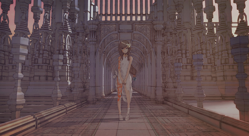 1girl arch architecture bandage blue brown_hair church column evening gothic_architecture jewelry kyuufu leg_wrap long_hair looking_at_viewer necklace orange_sky original pillar scenery shadow sky solo standing tattoo vanishing_point