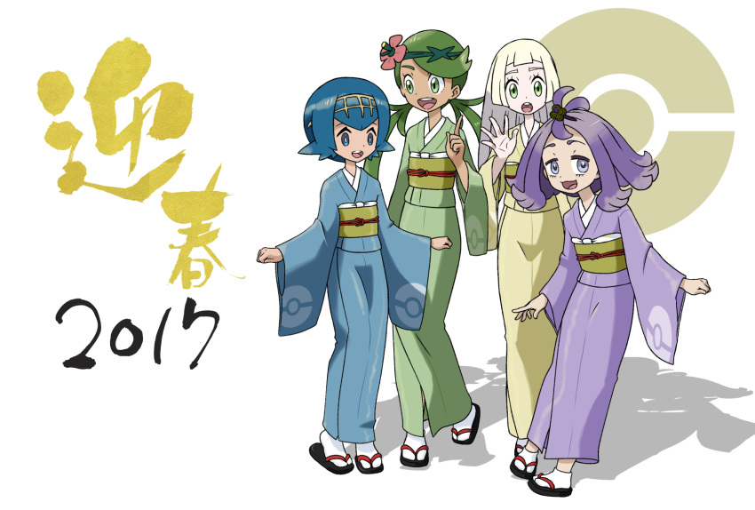 2017 4girls :3 :d :o acerola_(pokemon) alternate_costume alternate_hairstyle bangs bent_over blonde_hair blue_eyes blue_hair blue_kimono blunt_bangs bright_pupils dark_skin elite_four eyelashes flipped_hair flower full_body green_eyes green_hair green_kimono hair_between_eyes hair_flower hair_ornament hairband headband highres index_finger_raised japanese_clothes kimono leaning_forward leg_up lillie_(pokemon) long_hair looking_at_another looking_to_the_side mallow_(pokemon) multiple_girls new_year obi official_style open_mouth parted_bangs pigeon-toed poke_ball poke_ball_theme pokemon pokemon_(game) pokemon_sm purple_hair purple_kimono raised_eyebrows sash shadow short_hair simple_background smile socks standing standing_on_one_leg straight_hair suiren_(pokemon) tabi tareme teeth teru_zeta tongue topknot trial_captain twintails violet_eyes white_background wide_sleeves yellow_hairband yellow_kimono