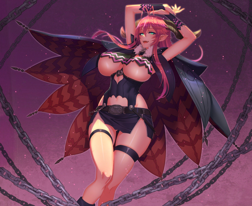 1girl antenna_hair arms_up asmodeus_(the_seven_deadly_sins) belt blush breasts cape chains daglasses erect_nipples fangs green_eyes highres large_breasts long_hair navel open_mouth pencil_skirt pink_hair pointy_ears skirt solo the_seven_deadly_sins thigh_strap under_boob