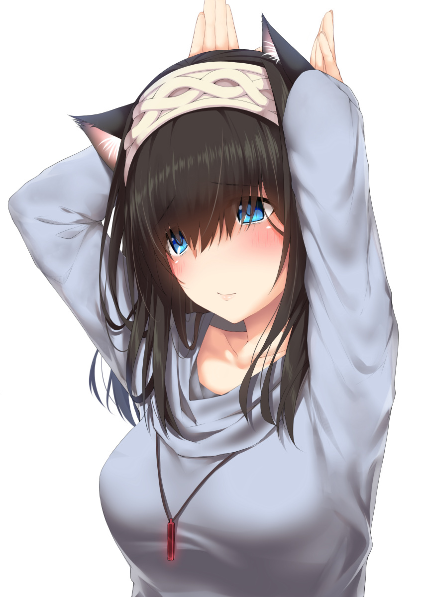 1girl absurdres animal_ears arms_up bangs black_hair blue_eyes blush breasts cat_ears collarbone commentary_request eyebrows_visible_through_hair eyes_visible_through_hair go-1 hairband highres idolmaster idolmaster_cinderella_girls jewelry kemonomimi_mode light_smile long_hair medium_breasts necklace pendant sagisawa_fumika simple_background solo sweater white_background