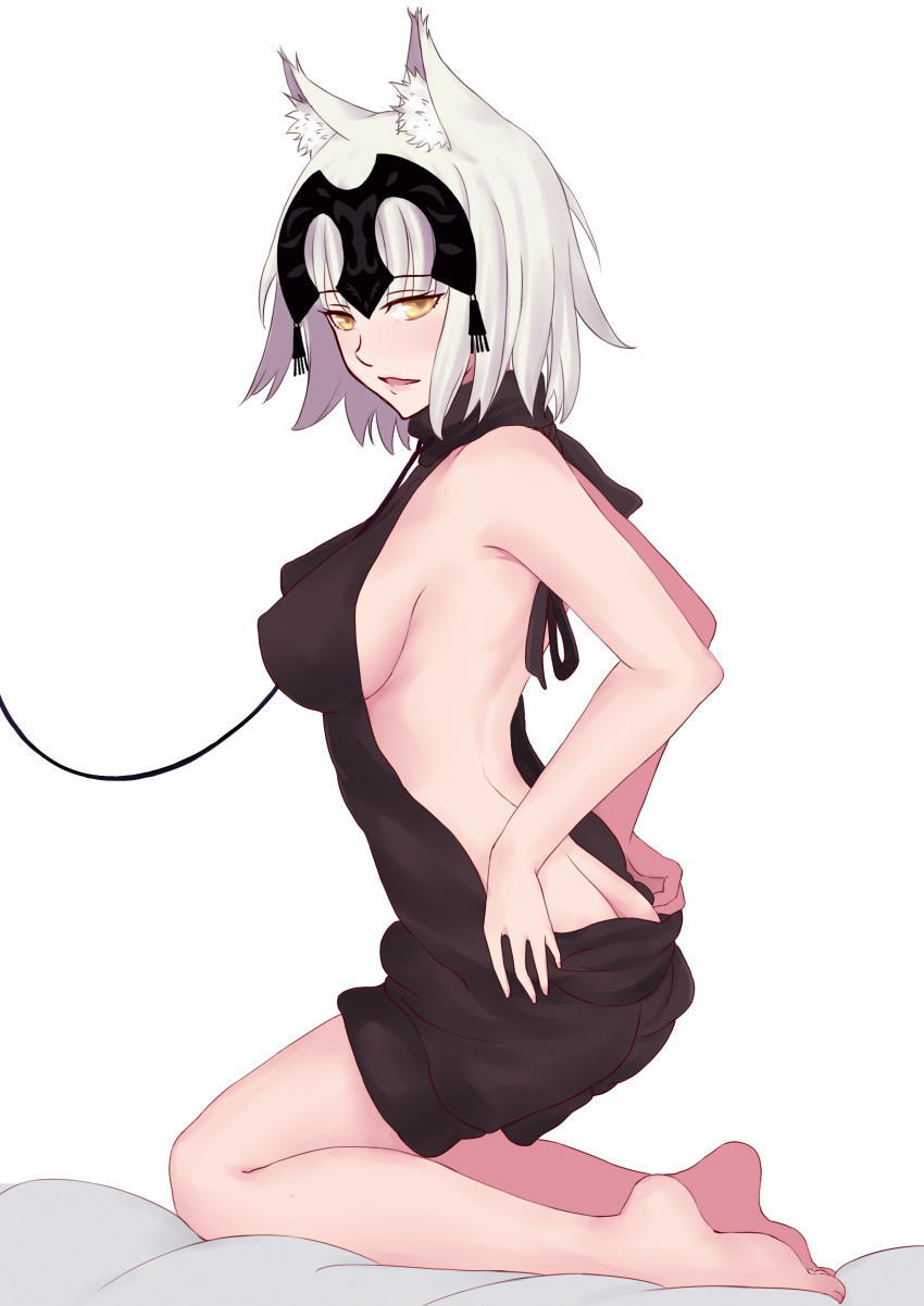 1girl absurdres animal_ears ass back backless_outfit barefoot blonde_hair breasts cat_ears fate/grand_order fate_(series) from_side full_body headpiece highres illusionk jeanne_alter kemonomimi_mode kneeling leash light_smile looking_at_viewer medium_breasts no_panties on_bed open_back ruler_(fate/apocrypha) short_hair sideboob solo turtleneck undressing white_background yellow_eyes