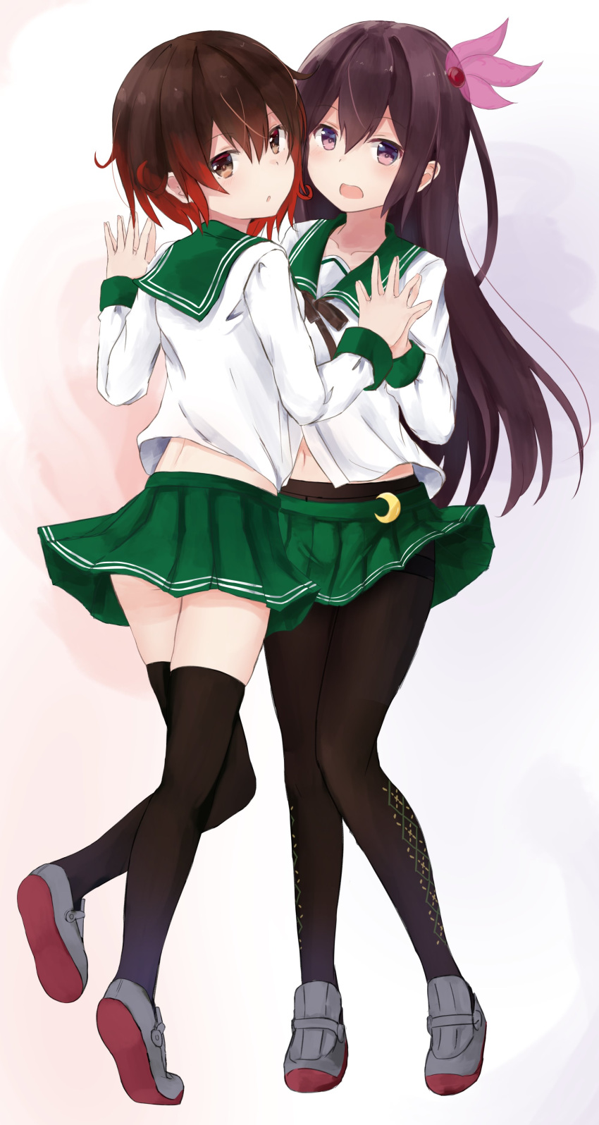 2girls :d :o absurdres adapted_costume black_legwear brown_eyes brown_hair crescent crescent_moon_pin gradient_hair green_sailor_collar green_skirt hair_ornament hands_together highres kantai_collection kisaragi_(kantai_collection) loafers long_hair long_sleeves looking_at_viewer multicolored_hair multiple_girls mutsuki_(kantai_collection) navel necktie open_mouth pantyhose pleated_skirt purple_hair redhead sailor_collar school_uniform serafuku shoes short_hair simple_background skirt smile thigh-highs violet_eyes yuki_(yukin0128) zettai_ryouiki