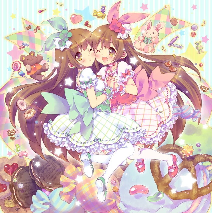 2girls ;d album_cover bangs bow brown_hair candy cheek-to-cheek choker commentary_request cover doughnut dress dual_persona earrings ech flower food hair_flower hair_ornament hair_ribbon hand_holding heart highres interlocked_fingers jelly_bean jewelry lollipop long_hair looking_at_viewer mary_janes multiple_girls nanahira one_eye_closed open_mouth oreo original over-kneehighs pretzel puffy_short_sleeves puffy_sleeves ribbon sash shoes short_sleeves smile star striped stuffed_animal stuffed_bunny stuffed_toy teddy_bear thigh-highs vertical-striped_background vertical_stripes very_long_hair white_legwear