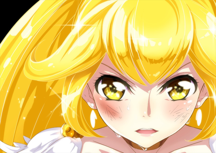 1girl blonde_hair blush brooch close_up cure_peace earrings jewelry kise_yayoi long_hair magical_girl niketora open_mouth precure smile_precure! solo sparkle sweat sweating yellow_eyes