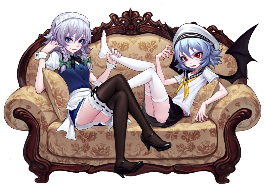 2girls ankle_grab apron bat_wings black_legwear black_ribbon black_skirt black_wings blue_eyes bow braid buttons couch fangs fingernails fkey foot_hold frilled_apron frilled_legwear frills full_body grabbing green_bow hair_bow hat highres izayoi_sakuya leaning_back legs_crossed long_fingernails long_hair looking_at_viewer maid maid_headdress miniskirt multiple_girls neckerchief no_shoes on_couch panties pantyshot pantyshot_(sitting) pleated_skirt red_eyes remilia_scarlet ribbon ribbon-trimmed_legwear ribbon_trim sailor_collar school_uniform serafuku simple_background sitting skirt thigh-highs touhou twin_braids underwear upskirt waist_apron white_apron white_background white_legwear white_panties wings wrist_cuffs