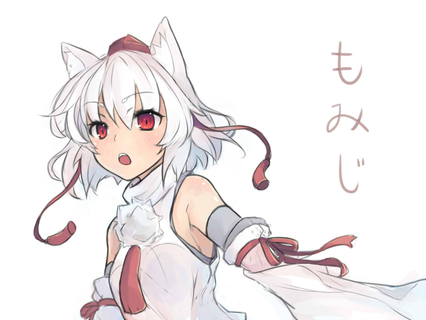 1girl :o animal_ears bangs blush breasts character_name commentary detached_sleeves elbow_gloves gloves hat inubashiri_momiji looking_at_viewer medium_breasts miya_(pixiv15283026) pom_pom_(clothes) red_eyes short_hair solo tokin_hat touhou upper_body white_hair wolf_ears