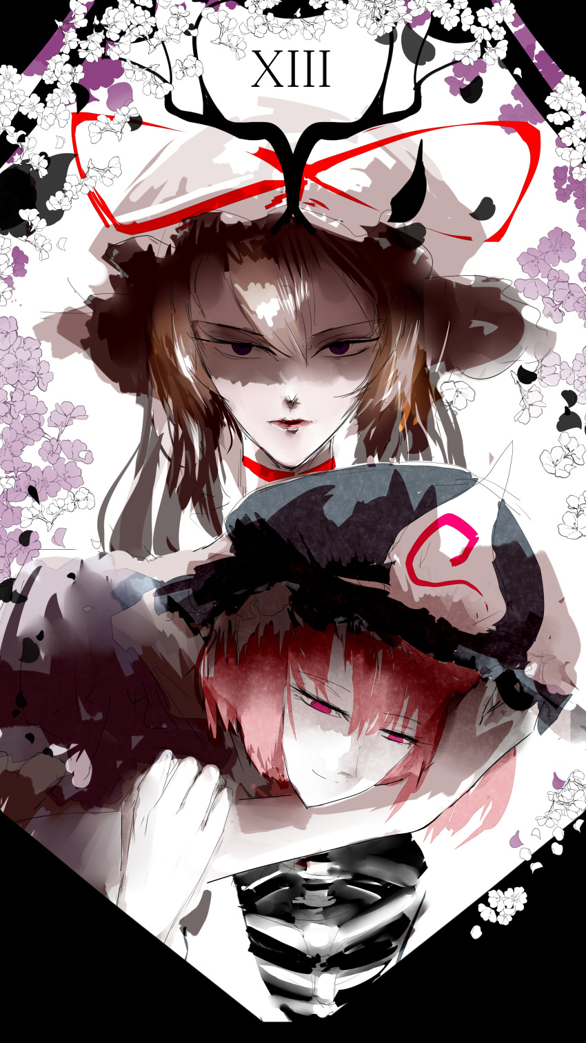 2girls absurdres bad_proportions bangs blonde_hair cherry_blossoms choker death dress expressionless face flower hair_between_eyes hand_on_another's_arm hat hat_ribbon highres lips long_hair looking_at_viewer looking_down mob_cap multiple_girls petals pink_eyes pink_hair purple_dress ribbon roman_numerals saigyouji_yuyuko shaded_face skeleton smile touhou triangular_headpiece upper_body veil violet_eyes yakumo_yukari yappa_muri