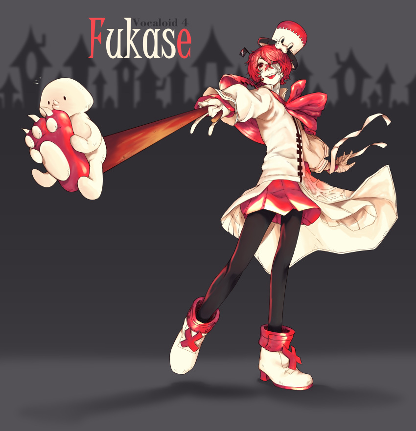 1boy absurdres asymmetrical_clothes bandage bandaid bandaid_on_nose boots cane character_name facial_mark fukase full_body gloves hat head_flag headset highres looking_at_viewer male_focus pale_skin pantyhose patt-fry point_(vocaloid) pointing pointing_at_viewer red_eyes redhead short_hair shorts smile solo top_hat vocaloid