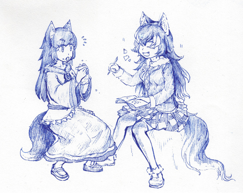 2girls :d :o ^_^ animal_ears arms_up brooch closed_eyes crossover eyebrows_visible_through_hair food food_on_face frills fur_collar grey_wolf_(kemono_friends) highres holding holding_food holding_pen hupose_deheluo imaizumi_kagerou jacket jewelry kemono_friends laughing long_hair long_sleeves looking_at_another monochrome multicolored_hair multiple_girls necktie notepad open_mouth pen simple_background sitting skirt smile tail touhou traditional_media trait_connection two-tone_hair wide_sleeves wolf_ears wolf_tail