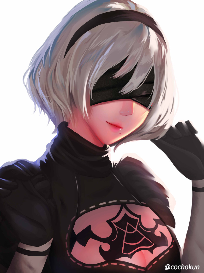 1girl absurdres black_dress black_gloves black_hairband blindfold breasts cleavage cleavage_cutout closed_mouth cocho dress gloves grey_hair hair_over_eyes hairband hands_up highres juliet_sleeves lips long_sleeves looking_at_viewer medium_breasts mole mole_under_mouth nier_(series) nier_automata nose pink_lips puffy_sleeves ribbed_dress ribbon ribbon-trimmed_dress ribbon_trim short_hair silver_hair simple_background smile solo turtleneck twitter_username upper_body vambraces white_background white_ribbon yorha_no._2_type_b