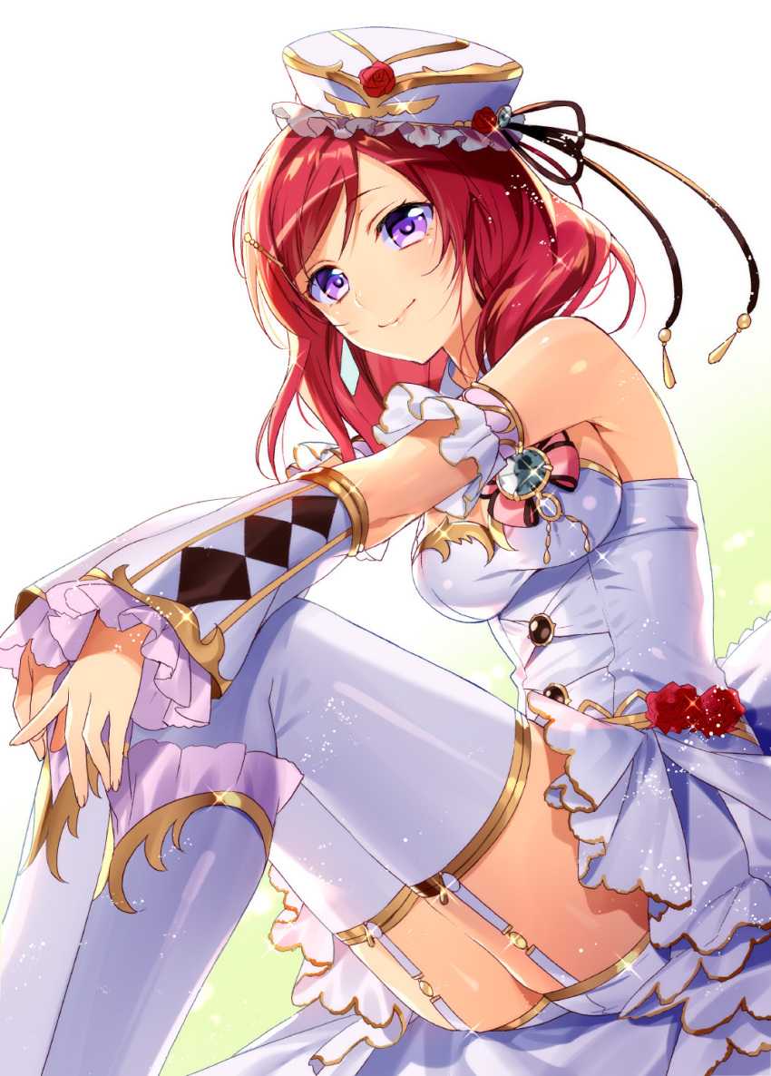 1girl bare_shoulders blush breasts detached_sleeves dress flower garter_straps hat highres looking_at_viewer love_live! love_live!_school_idol_project medium_breasts murakami_yuichi nishikino_maki redhead rose sideboob sitting smile solo thigh-highs violet_eyes white_dress white_legwear