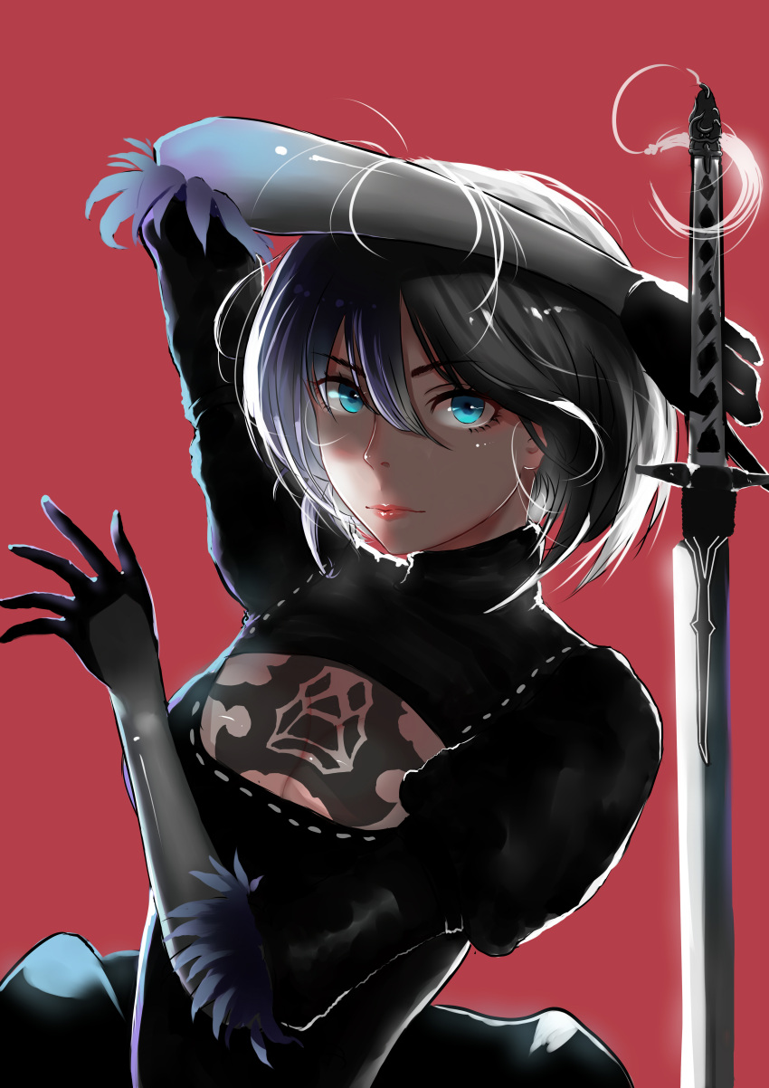 1girl absurdres aqua_eyes arm_up black_dress black_gloves blue_eyes breasts cleavage cleavage_cutout closed_mouth dashu_shushu dress eyebrows_visible_through_hair eyelashes gloves grey_hair hair_between_eyes hand_up highres holding holding_sword holding_weapon juliet_sleeves katana lips long_sleeves looking_at_viewer medium_breasts nier_(series) nier_automata no_blindfold no_mole nose pink_lips puffy_sleeves red_background ribbed_dress ribbon ribbon-trimmed_dress ribbon_trim short_hair silver_hair simple_background solo sword tassel turtleneck upper_body vambraces weapon white_ribbon yorha_no._2_type_b