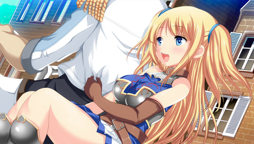 1boy 1girl :d belt belt_collar blonde_hair blue_eyes blue_skirt blush brown_gloves building dutch_angle from_below gloves greaves head_out_of_frame highres long_hair official_art open_mouth outdoors patti_(x-overd) protagonist_(x-overd) shirt_tug sitting skirt smile x-overd