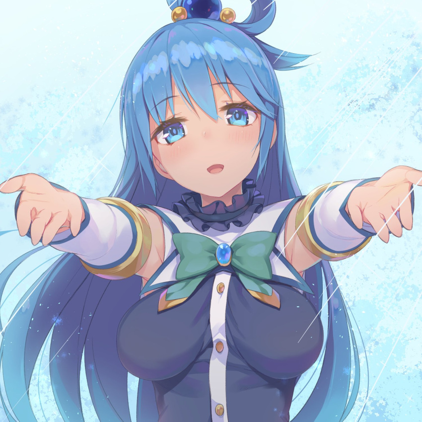 1girl :d aqua_(konosuba) bare_shoulders blue_background blue_eyes blue_hair blush bow breasts brooch commentary_request detached_sleeves eyebrows_visible_through_hair green_bow hair_between_eyes hair_ornament hair_rings head_tilt highres jewelry kono_subarashii_sekai_ni_shukufuku_wo! long_hair looking_at_viewer medium_breasts open_mouth outstretched_arms outstretched_hand smile solo tam-u