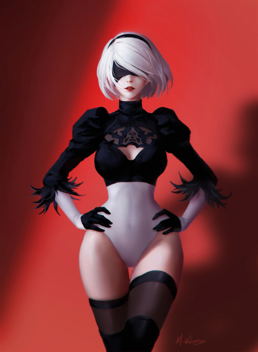 1girl black_gloves black_legwear blindfold breasts cleavage_cutout covered_navel curvy facing_viewer gloves hairband hands_on_hips highres leotard lipstick makeup medium_breasts mole mole_under_eye mvalentinus nier_(series) nier_automata parted_lips puffy_sleeves red_lipstick short_hair solo standing thigh-highs white_hair wide_hips yorha_no._2_type_b