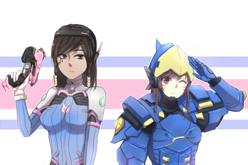 2girls animal_print bangs black_hair bodysuit bracer breasts brown_eyes brown_hair bunny_print cosplay costume_switch d.va_(overwatch) d.va_(overwatch)_(cosplay) dark_skin eye_of_horus eyebrows_visible_through_hair facepaint facial_mark facial_tattoo finger_on_trigger gloves gun hair_tubes handgun headphones high_collar holding holding_gun holding_weapon horizontal-striped_background light_smile long_hair looking_at_viewer medium_breasts multiple_girls one_eye_closed overwatch pharah_(overwatch) pharah_(overwatch)_(cosplay) pilot_suit pistol power_armor qi_hai_yan_xu ribbed_bodysuit salute side_braids skin_tight swept_bangs tattoo unhappy upper_body weapon whisker_markings white_background white_gloves