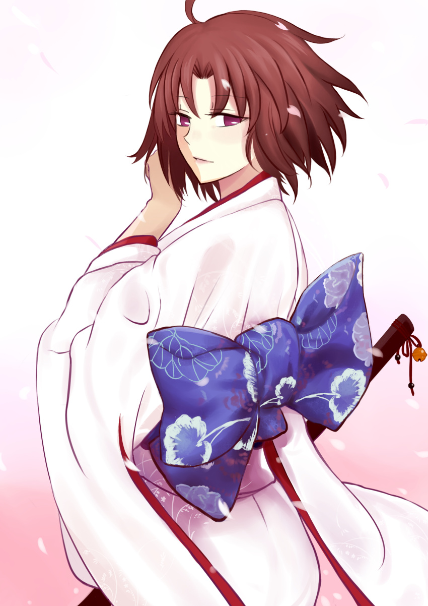 1girl absurdres ahoge barefoot brown_hair closed_mouth dress fate/grand_order fate_(series) floating_hair from_behind full_body gradient gradient_background highres holding holding_sword holding_weapon illusionk japanese_clothes kara_no_kyoukai katana kimono light_smile long_sleeves looking_at_viewer looking_back nian obi petals ryougi_shiki sash scabbard shadow sheath sheathed short_hair solo sword unsheathed violet_eyes weapon wide_sleeves wind