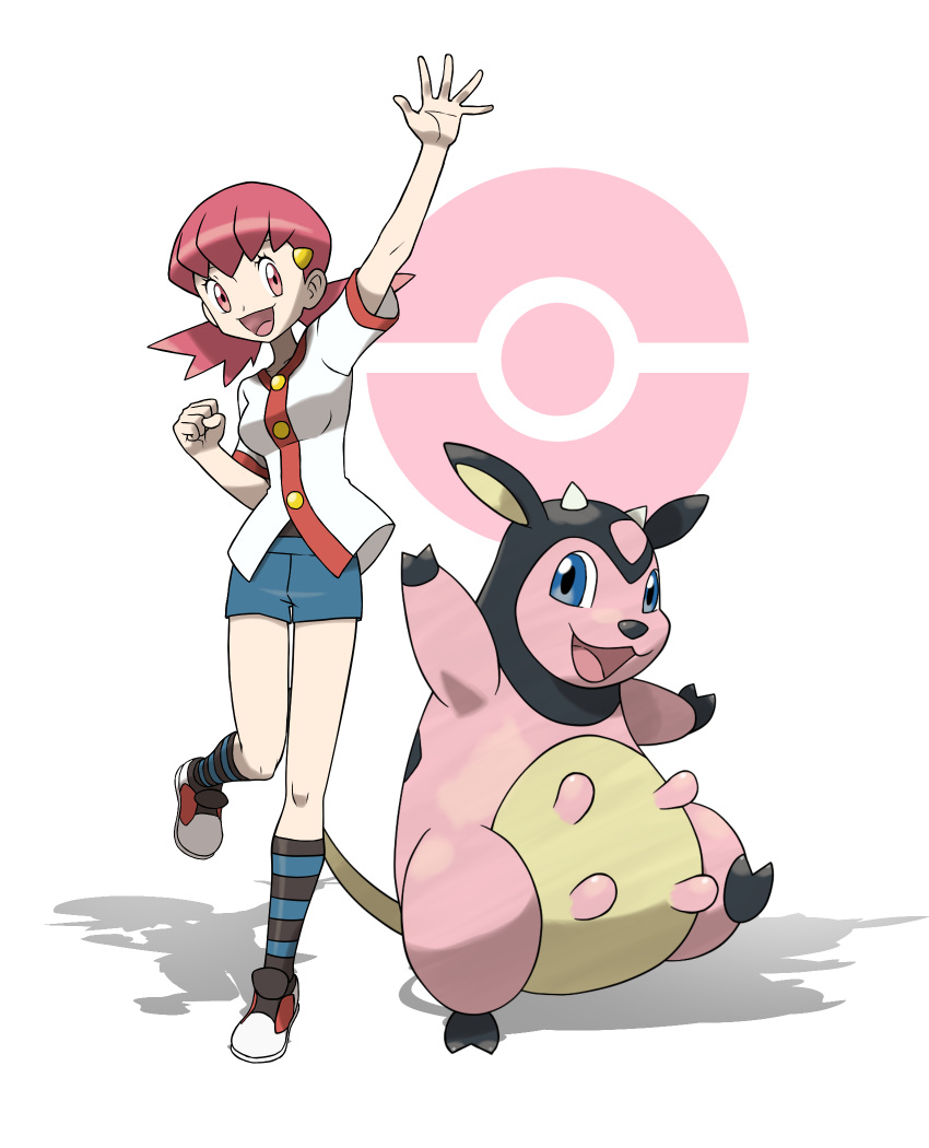 1girl :3 :d akane_(pokemon) arms_up bangs black_shirt blue_shorts breasts buttons clenched_hand collarbone cow eyelashes full_body gym_leader hair_between_eyes hair_ornament highres horns kneehighs leg_up looking_at_viewer medium_breasts miltank official_style open_mouth pink_eyes pink_hair poke_ball pokemon pokemon_(creature) pokemon_(game) pokemon_hgss shadow shirt shoes short_hair short_sleeves short_twintails shorts simple_background smile standing standing_on_one_leg striped striped_legwear tareme teru_zeta tongue twintails udder undershirt v-neck white_background white_shirt