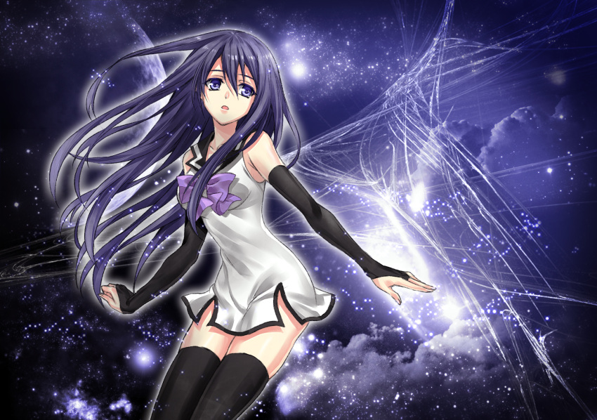 1girl arms_at_sides bare_shoulders black_hair black_legwear blue_eyes bow bowtie breasts collarbone commentary_request detached_sleeves dress gokukoku_no_brynhildr hair_between_eyes highres kuroha_neko long_hair looking_at_viewer medium_breasts parted_lips purple_bow purple_bowtie revision sailor_collar sailor_dress short_dress sidelocks solo thigh-highs very_long_hair yuuheisyoujyo