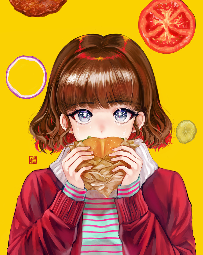 1girl blue_eyes brown_hair eating food hamburger highres jacket looking_at_viewer multicolored_shirt original pagaraga red_jacket shirt short_hair signature solo striped striped_shirt tomato upper_body yellow_background