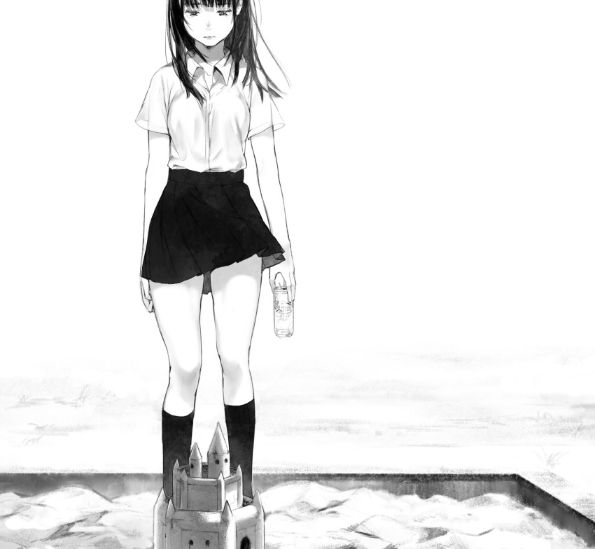 1girl bangs blouse can cider_to_suna_no_shiro closed_mouth floating_hair greyscale highres holding holding_can kneehighs long_hair looking_down monochrome original ouchi_kaeru outdoors pleated_skirt sand_castle sand_sculpture sandbox school_uniform short_sleeves skirt solo standing thighs uniform white_blouse yobanashi_(kamonatsu)
