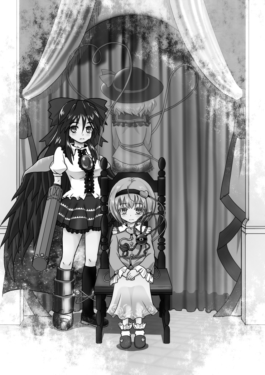 3girls arm_cannon bird_wings bow cape chair crying crying_with_eyes_open eyeball floral_print frills frown full_body greyscale hair_bow hairband hat hat_bow hat_ribbon heart heart_of_string highres komeiji_koishi komeiji_satori long_hair long_sleeves monochrome multiple_girls niiko_(gonnzou) puffy_short_sleeves puffy_sleeves reiuji_utsuho ribbon shirt short_hair short_sleeves siblings sisters sitting skirt slippers standing streaming_tears tears third_eye touhou weapon wide_sleeves wings