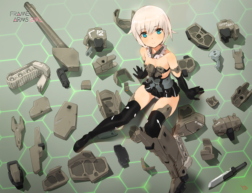 1girl armor bangs bare_shoulders black_gloves blue_eyes blush copyright_name elbow_gloves frame_arms_girl from_above gloves gourai looking_at_viewer looking_up mecha_musume panties pantyshot short_hair silver_hair smile solo thigh-highs underwear yang-do