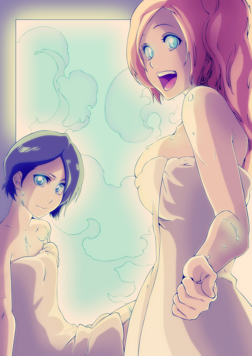 2girls absurdres black_hair bleach blue_eyes breasts eyes flat_chest highres hot inoue_orihime kubo_taito kuchiki_rukia large_breasts long_hair looking_at_viewer multiple_girls naked_towel onsen orange_hair short_hair smile steam sweat sweating towel violet_eyes wet