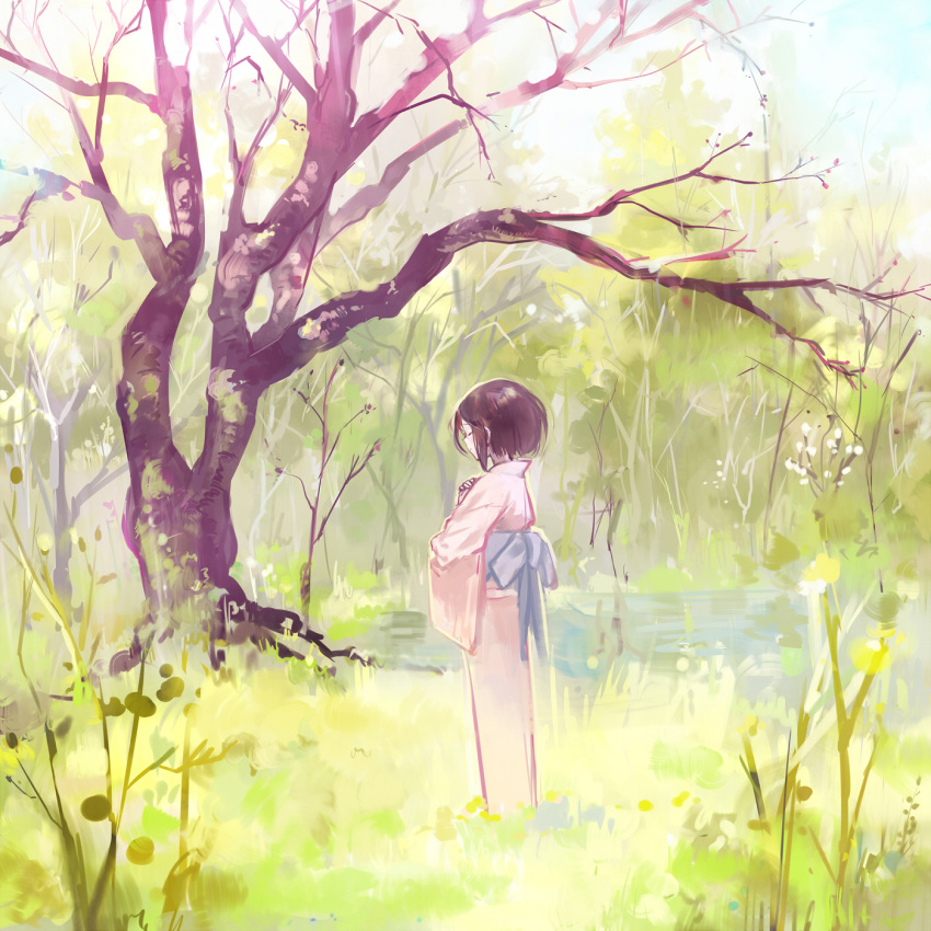 1girl alt_(apou) black_hair blurry closed_eyes faux_traditional_media hands_on_own_chest highres japanese_clothes kimono light_smile muted_color obi original outdoors pond sash scenery short_hair sketch solo sunlight tree yukata