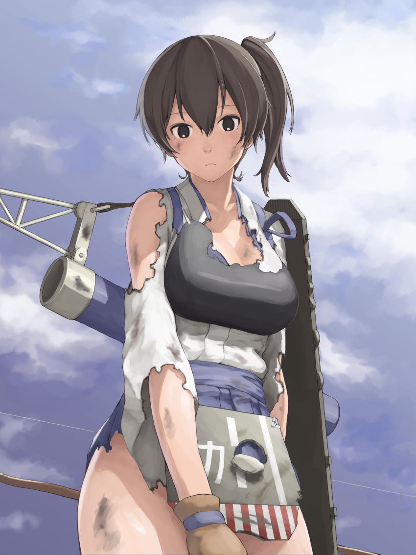 1girl black_eyes black_hair blue_skirt bow_(weapon) breasts cleavage closed_mouth cowboy_shot day expressionless flight_deck gloves hair_between_eyes hakama_skirt highres holding_bow_(weapon) japanese_clothes kaga_(kantai_collection) kantai_collection large_breasts looking_at_viewer muneate partly_fingerless_gloves side_ponytail siesta_(artist) skirt solo tasuki torn_clothes torn_skirt weapon wide_sleeves yugake