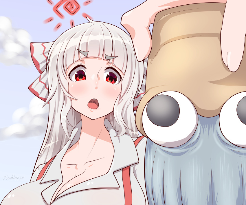 1girl absurdres blue_sky breasts clouds day fujiwara_no_mokou highres holding large_breasts long_sleeves omanyte red_eyes sky solo sun suspenders tochinoko touhou upper_body