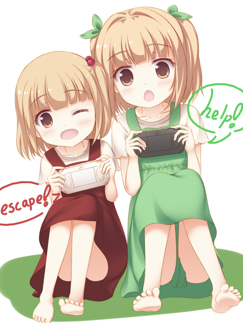 2girls barefoot blonde_hair blush bow commentary english eyebrows_visible_through_hair feet game_console green_bow hair_bow handheld_game_console highres iijima_yun looking_at_viewer multiple_girls new_game! one_eye_closed open_mouth playstation_portable psyche3313 short_hair side_ponytail speech_bubble text toes twintails yellow_eyes
