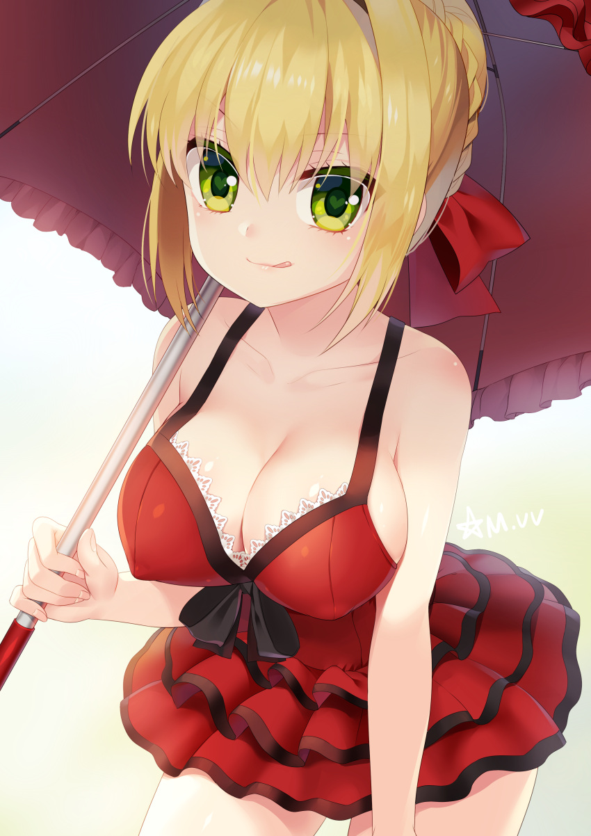 1girl absurdres ahoge alternate_costume bare_arms bare_shoulders blonde_hair breasts cleavage collarbone dress fate/extra fate_(series) green_eyes hair_between_eyes heart heart-shaped_pupils highres holding holding_umbrella large_breasts layered_dress leaning_forward looking_at_viewer mvv red_dress saber_extra short_dress sideboob signature symbol-shaped_pupils tongue tongue_out umbrella