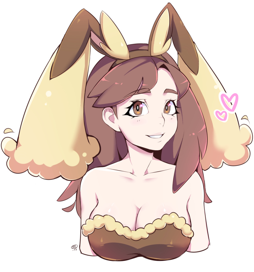 1girl animal_ears bare_shoulders breasts brown_eyes brown_hair cleavage collarbone cosplay dated eyebrows heart highres looking_at_viewer lopunny lopunny_(cosplay) medium_breasts milk_(4chan) milka_(milk4ppl) parted_lips pokemon pokemon_(game) pokemon_breeder_(pokemon) pokemon_xy rabbit_ears smile solo upper_body white_background