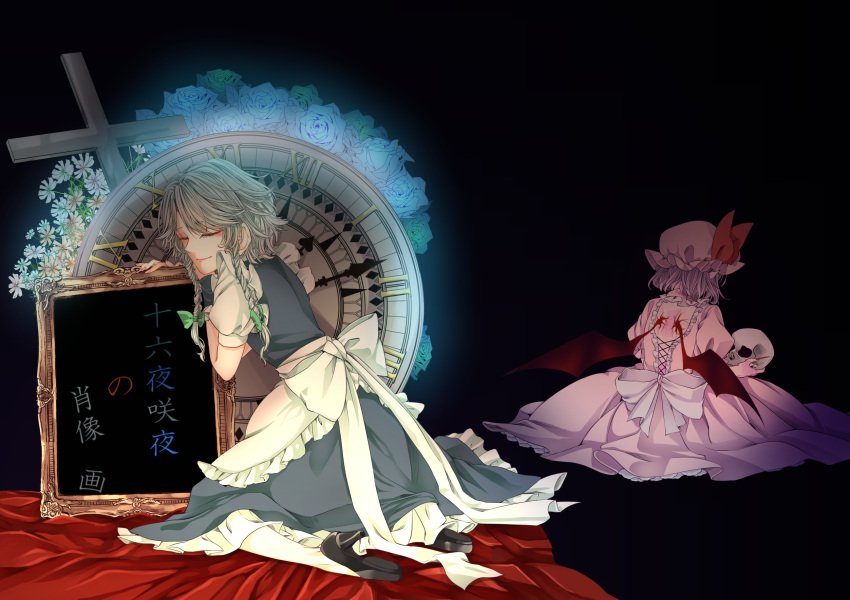 2girls apron back bat_wings black_background black_shoes blue_dress blue_rose bow braid clock closed_eyes cross dark dress flower from_behind glowing_flower grey_hair hair_bow hat hat_ribbon high_heels highres izayoi_sakuya kneeling maid mob_cap multiple_girls open-back_dress pink_dress pointy_ears puffy_short_sleeves puffy_sleeves purple_hair remilia_scarlet ribbon roman_numerals rose shirt shoes short_hair short_sleeves simple_background skull sleeveless sleeveless_dress smile souta_(karasu_no_ouchi) touhou translation_request twin_braids waist_apron wavy_hair white_legwear white_shirt wings